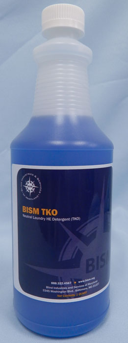 clear bottle, blue liquid, dark blue label